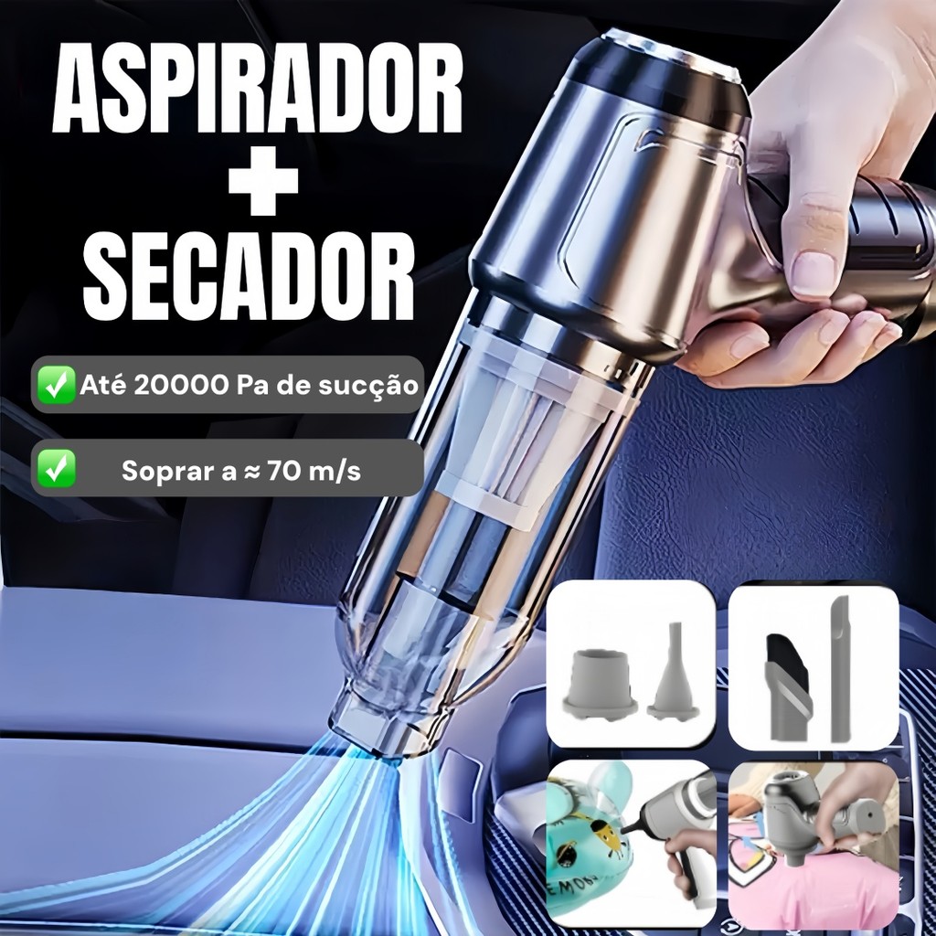 Aspirador e Soprador Portátil 5 em 1 Alta Potência e Multifuncional para Limpeza Completa para Carro