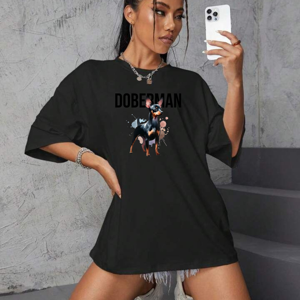 camiseta oversized feminina 100%em algodão doberman estampa engraçada para dia dia academia