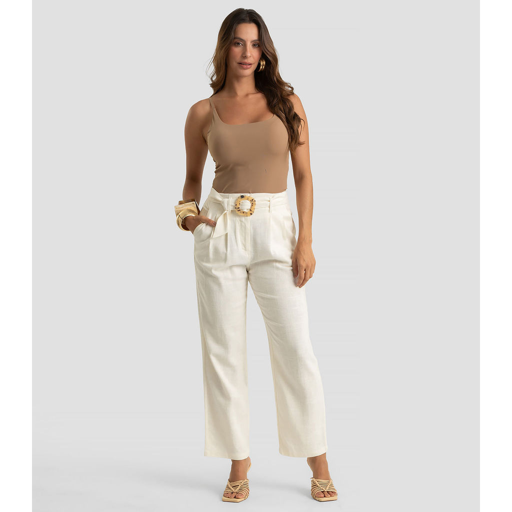 Calça Feminina Com Cinto Em Viscolinho Dianna Bege