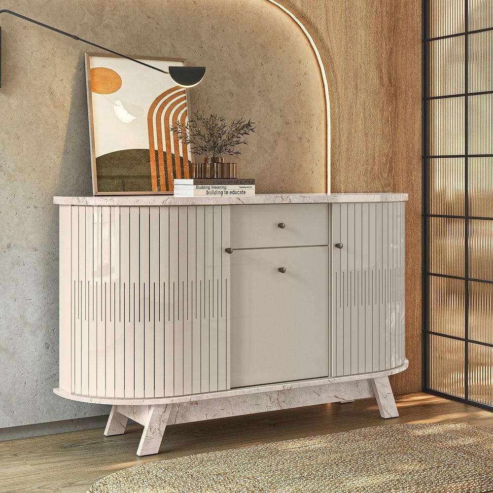 Buffet Aparador Balcão 2 Portas Curvo 1 Gaveta Monza Calacata/Offwhite