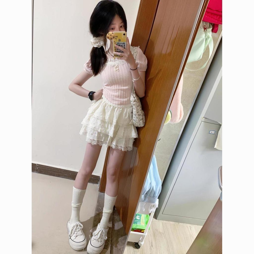 Doce quente menina renda bolo saia feminina verão estilo balé cintura alta mais magro olhar saia Design primeiro amor sa