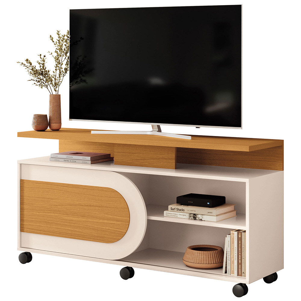 Rack Para Sala de Estar TV 55 Pol Com Rodízios Batel B01 Cinamomo Off White - Lyam Decor — imagem 2 de 2