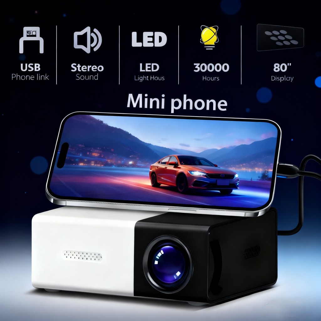 Versão atualizada 2025!Mini projetor doméstico LED suporta 1080P HD qualidade de imagem dormitório portátil compacto/qua