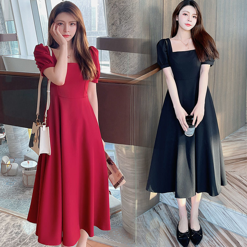 Plus Size vestido preto feminino irmã gorda verão novo estilo francês Retro Hepburn estilo pescoço quadrado elegante sai