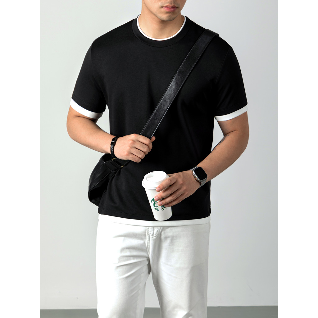 Camiseta masculina 60S amônia líquida nublada Modal falso de duas peças de manga curta camisa de fundo na moda cor-bloqu