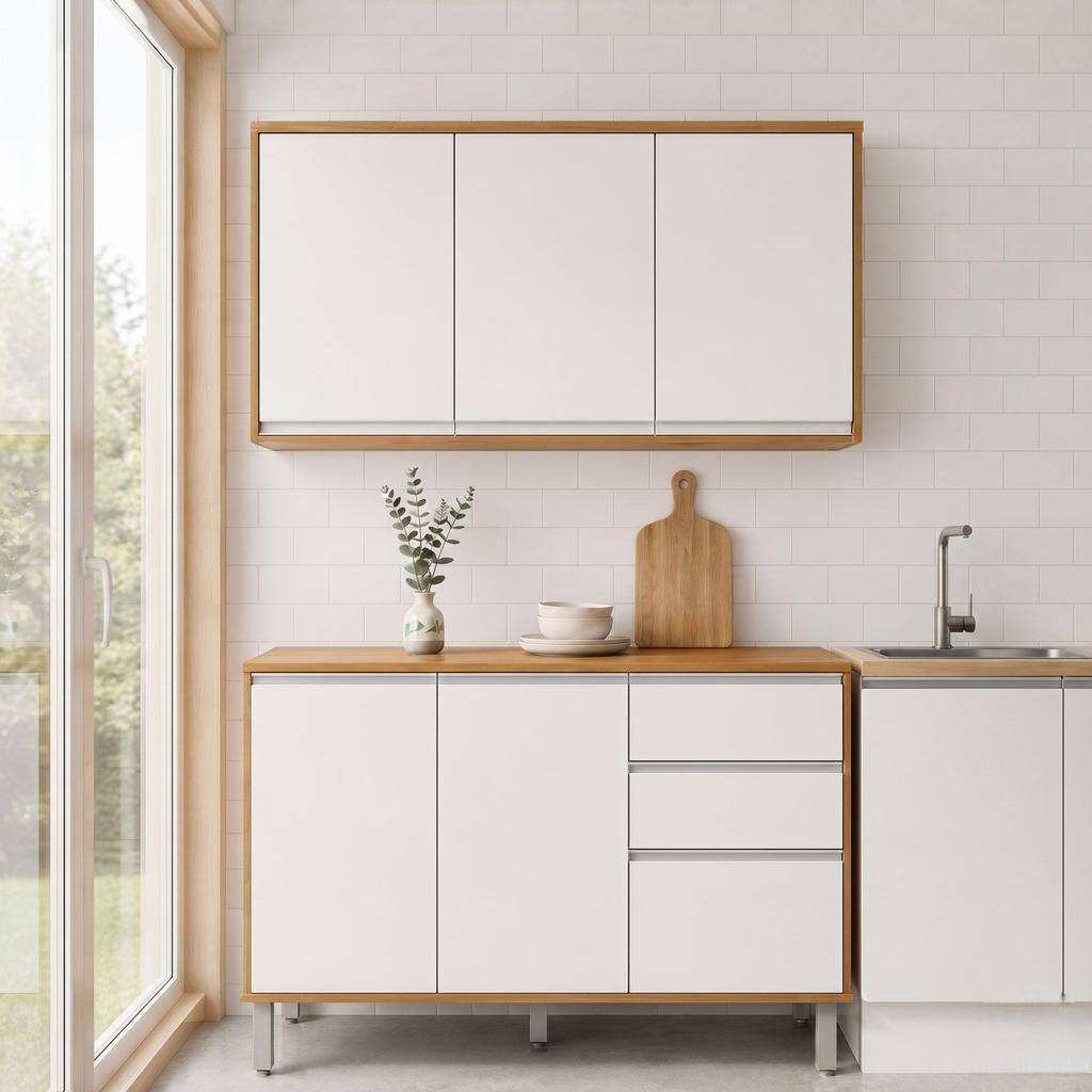 Cozinha Modular Compacta Armario Aereo Balcao Nina Amêndoa/Branco