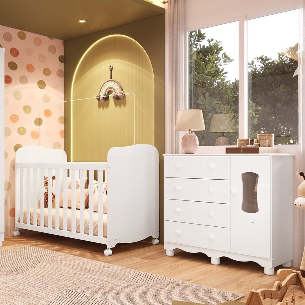 Quarto de Bebê Cômoda 1 Porta Janelada e Berço com Rodízios MDF Lana Espresso Móveis Branco Brilho Branco/Brilho