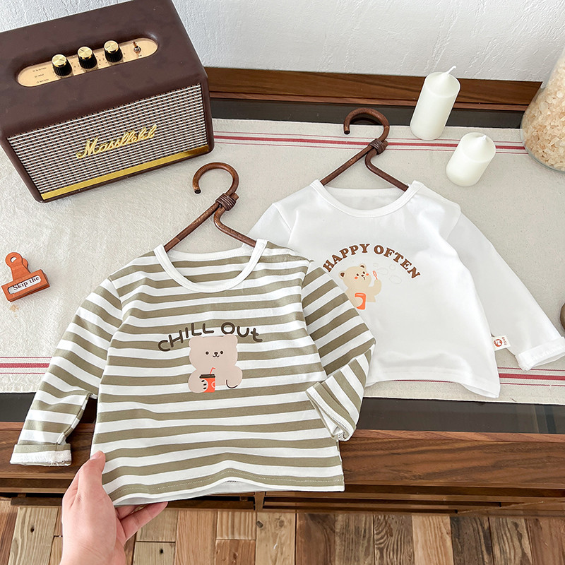 Crianças de manga comprida puro algodão camiseta primavera outono estilo ocidental camisa de fundo padrão dos desenhos a