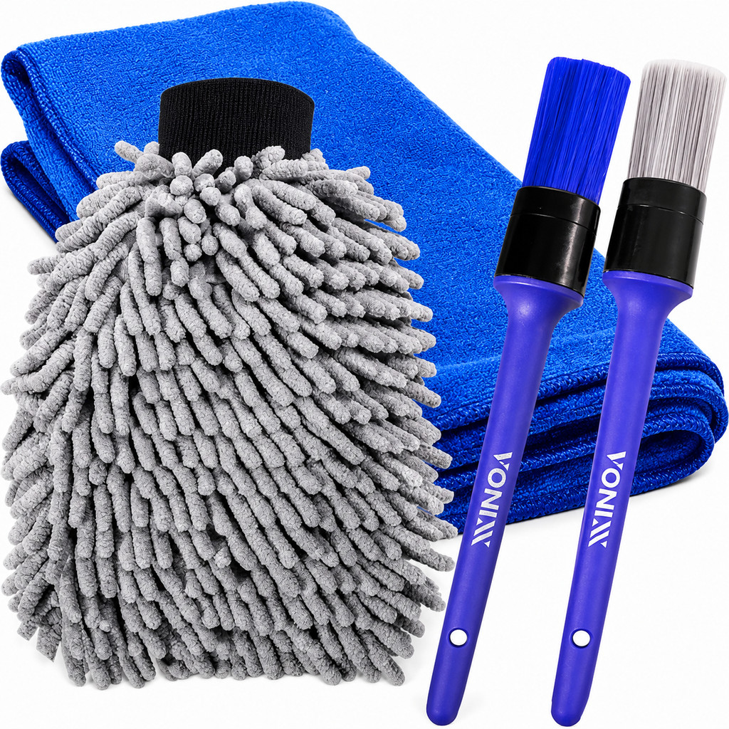 Kit Toalha Microfibra Azul 40x60cm 400gsm E Luva Chenille + Pincéis Interno E Externo Vonixx