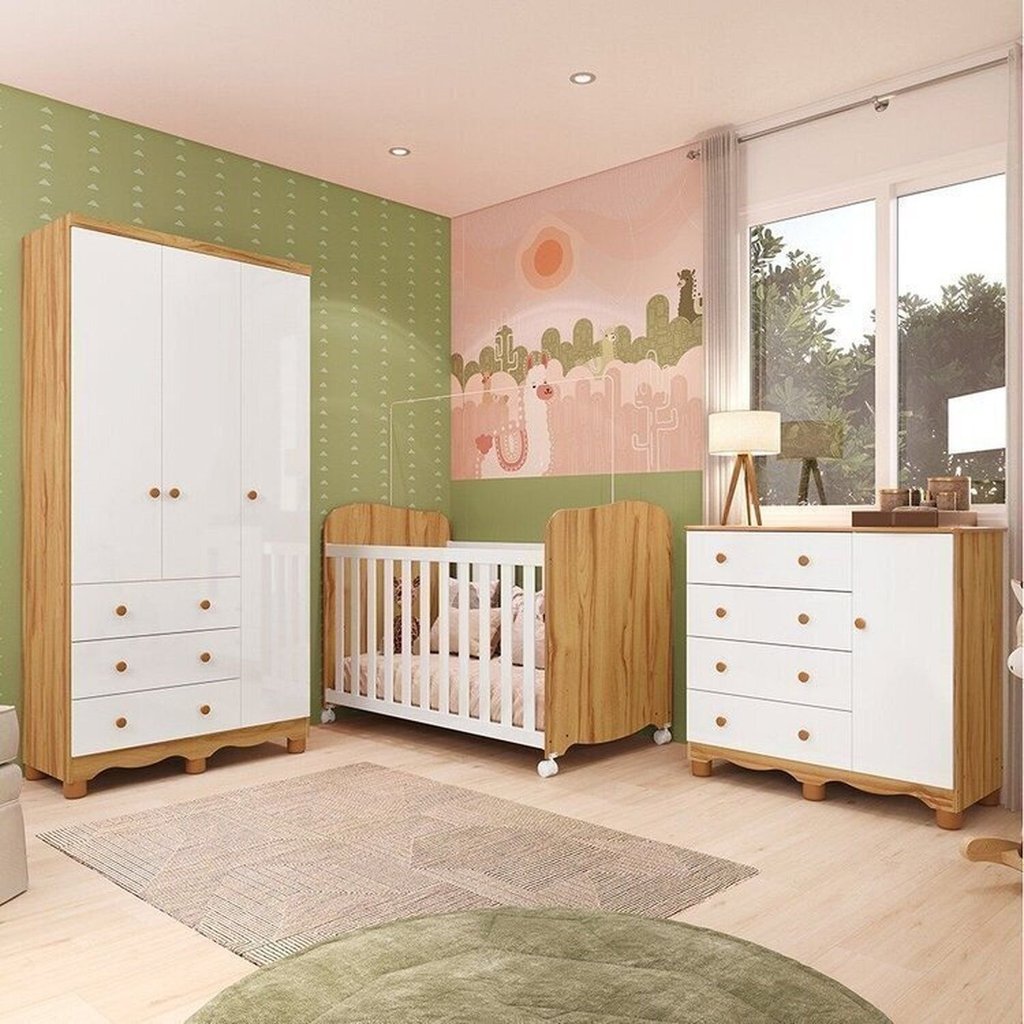 Quarto de Bebê Completo Berço, Cômoda e Guarda Roupa MDF Mimo Espresso Móveis Branco Brilho/Amêndoa Branco