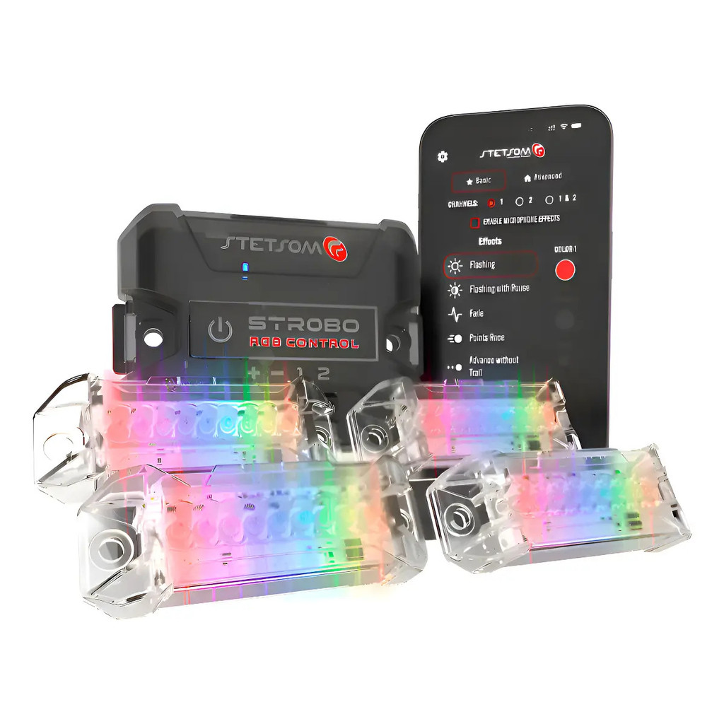 Strobo Stetsom Rgb Ritimico Bluetooth Kit 1 Central 4 Faróis