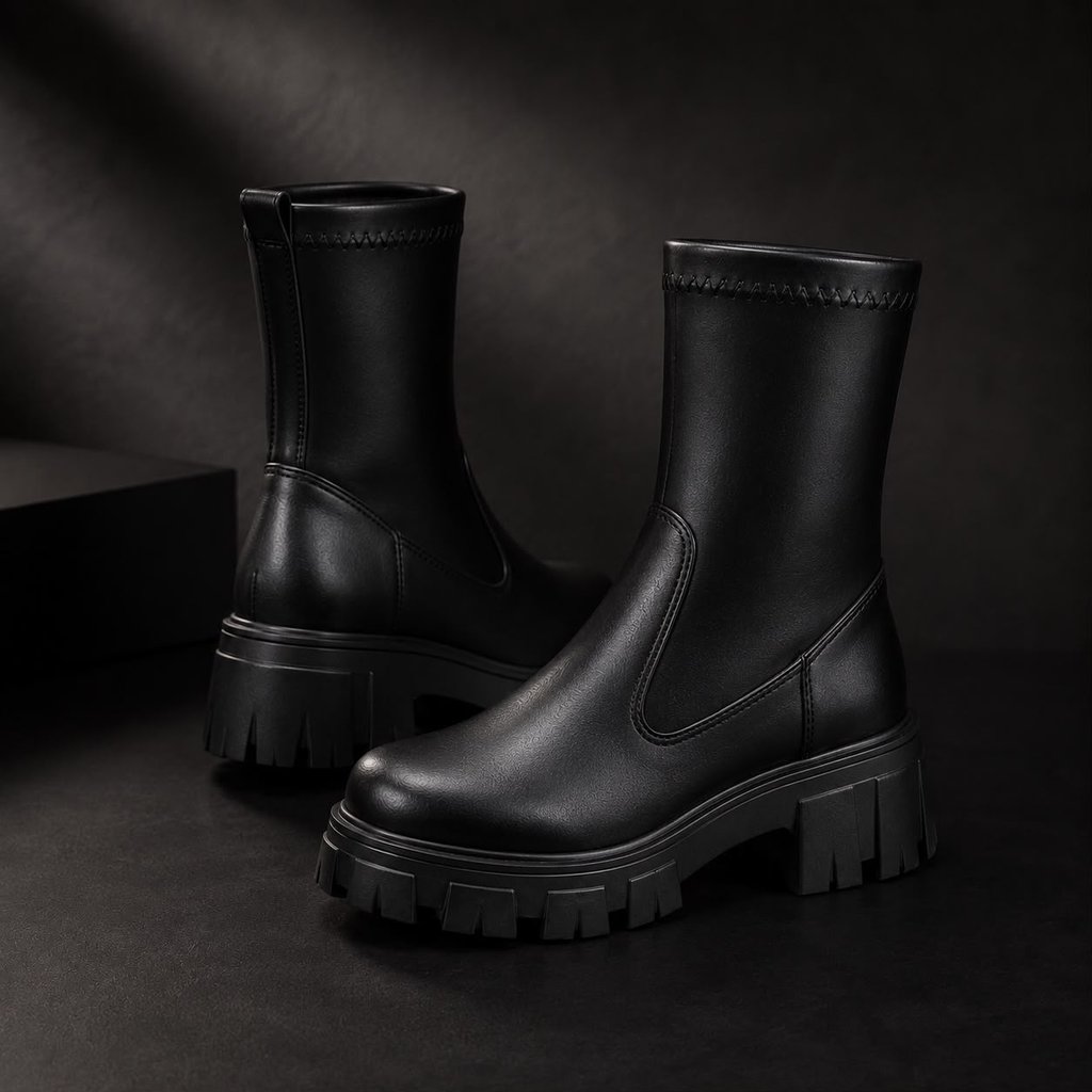 Bota Feminina Tratorada Cano Médio Preta Super Confortável  Antiderrapante Plataforma Moda Inverno
