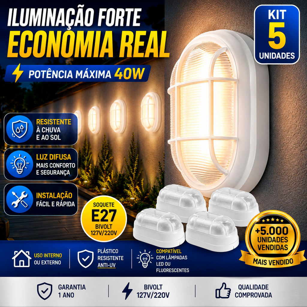 Kit 5 Luminária Arandela Tartaruga Externa Com Grade Branco Preto E27 OPL Muro Fachada Garagem