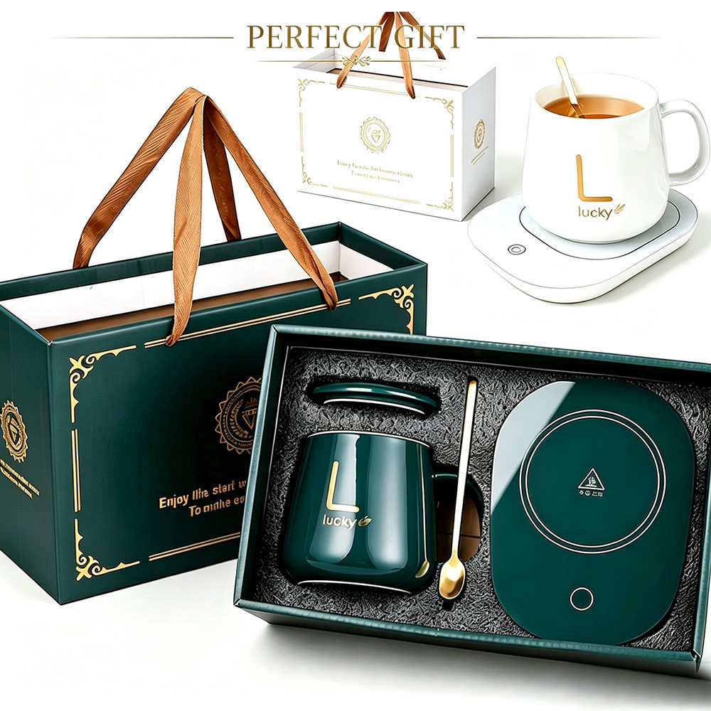 Kit Presente Luxo Caneca Térmica 55°C Aquecedor Elétrico Cerâmica Com Colher E Tampa Para Escritório Casa
