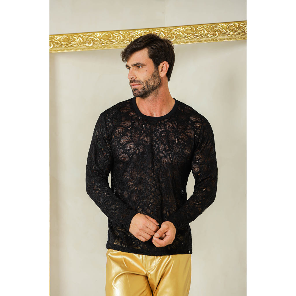 Camiseta Masculina JotaVê Manga Longa em Renda Floral Blusa Moda Casual Confortável