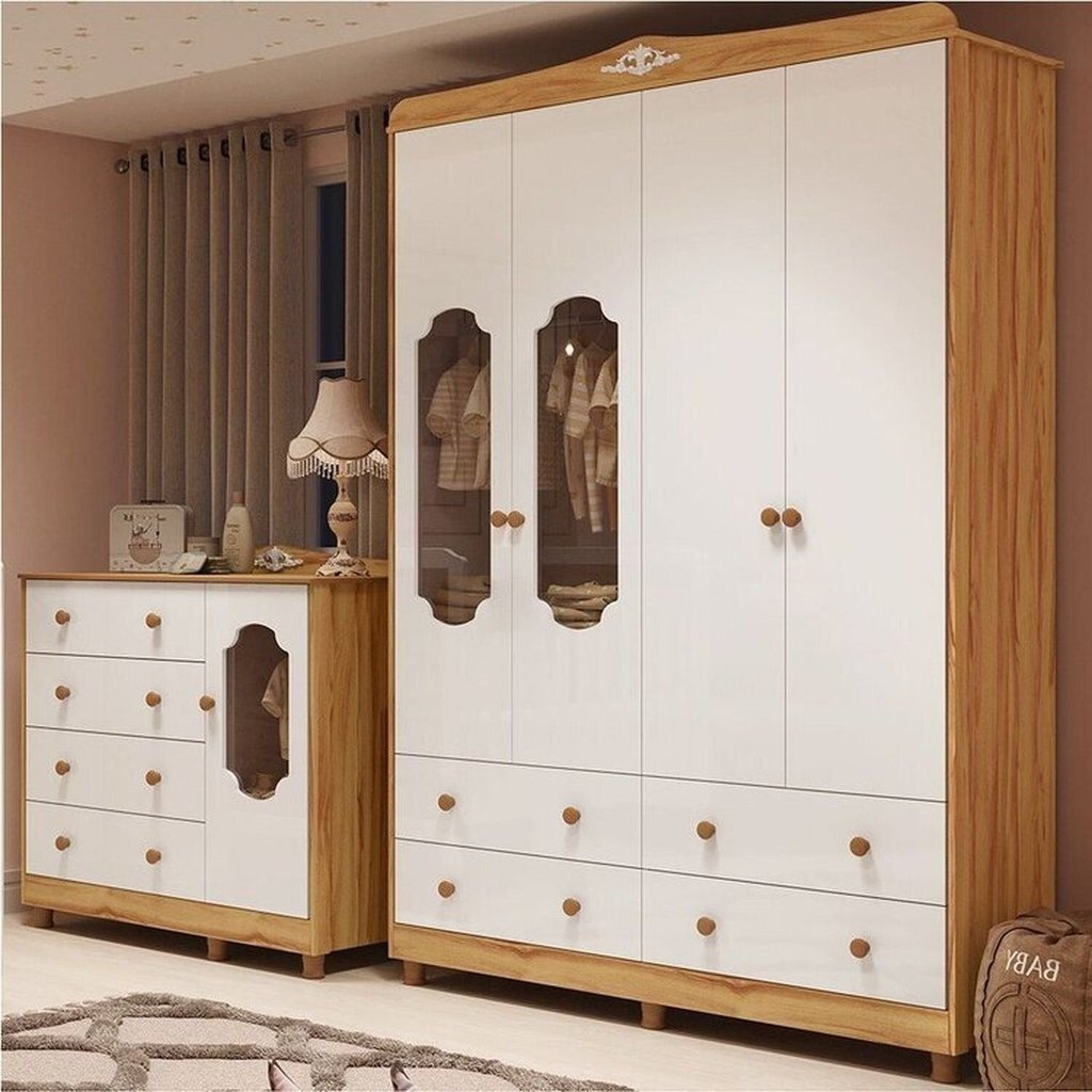 Quarto de Bebê com Guarda-Roupa e Cômoda Janelados 100% MDF Mateo Provençal Yescasa Branco/Brilho/Am Branco