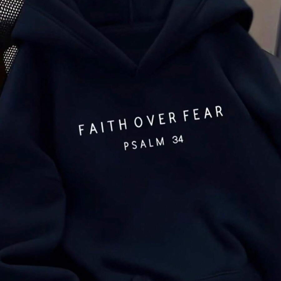 Moletom feminino estampado modelo frase Psalm 34 Blusa com capuz flanelado canguru confortável casual moderno