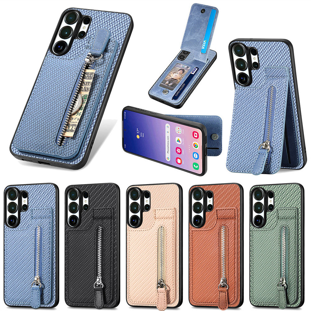 Capa Carteira Com Zíper De Grão Cruzado Para Samsung Galaxy S26 Ultra S25 Edge S24 Plus S23 FE A07 A17 A27 A37 A57 De Su