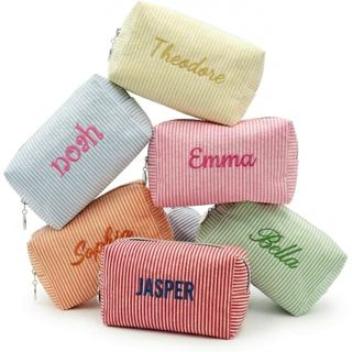 Bolsa de Maquiagem Personalizada Seersuker | Bolsa de Maquiagem Personalizada com Bordado, Monograma, Presente de Propos
