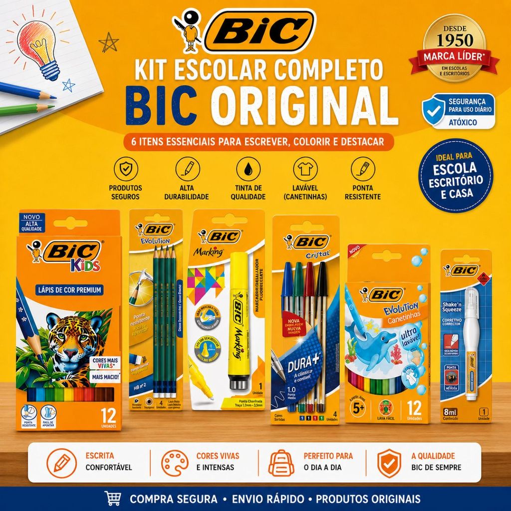 Kit Escolar Completo BIC 6 Itens Lápis, Canetas, Lápis de Cor, Canetinhas, Marca Texto e Corretivo