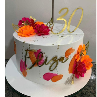 Topo Topper de bolo personalizado com nome idade e flores rosa pink e laranja