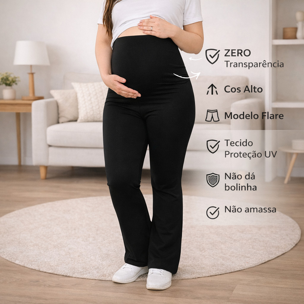 Calça Legging Gestante Flare Cós Alto Conforto Sustentação Zero Transparência  Proteção UV
