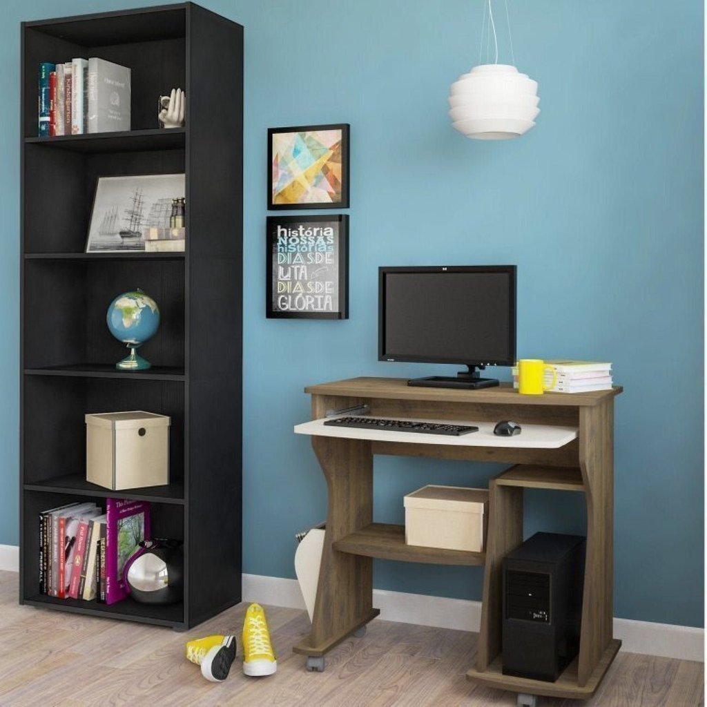 Escrivaninha Mesa Escritório para Computador e Estante Preto/Nogal 2 Prateleiras 5 Prateleiras 88cm