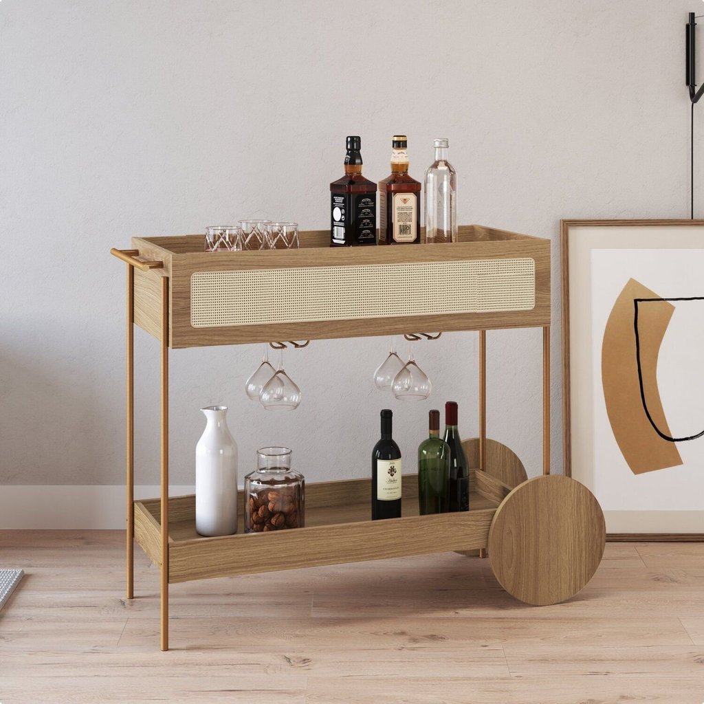 Carrinho Bar 1 Gaveta 110cm com Porta Taças Palhinha Pé Metal Oslo Bege/Hanover/Dourado Hanover/Dourado