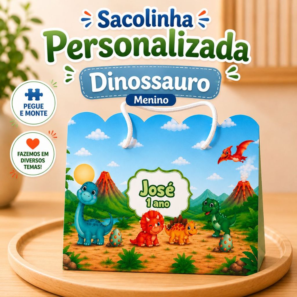 Sacola Personalizada Dinossauro Aniversário | Diversos Temas | Lembrancinha Festa Infantil | Papel Fotográfico