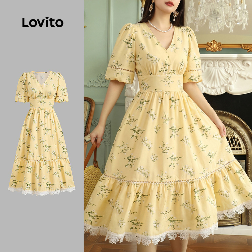 Lovito Vestido Midi Amarelo Elegante Estilo Coreano Com Estampa Floral Manga Cur