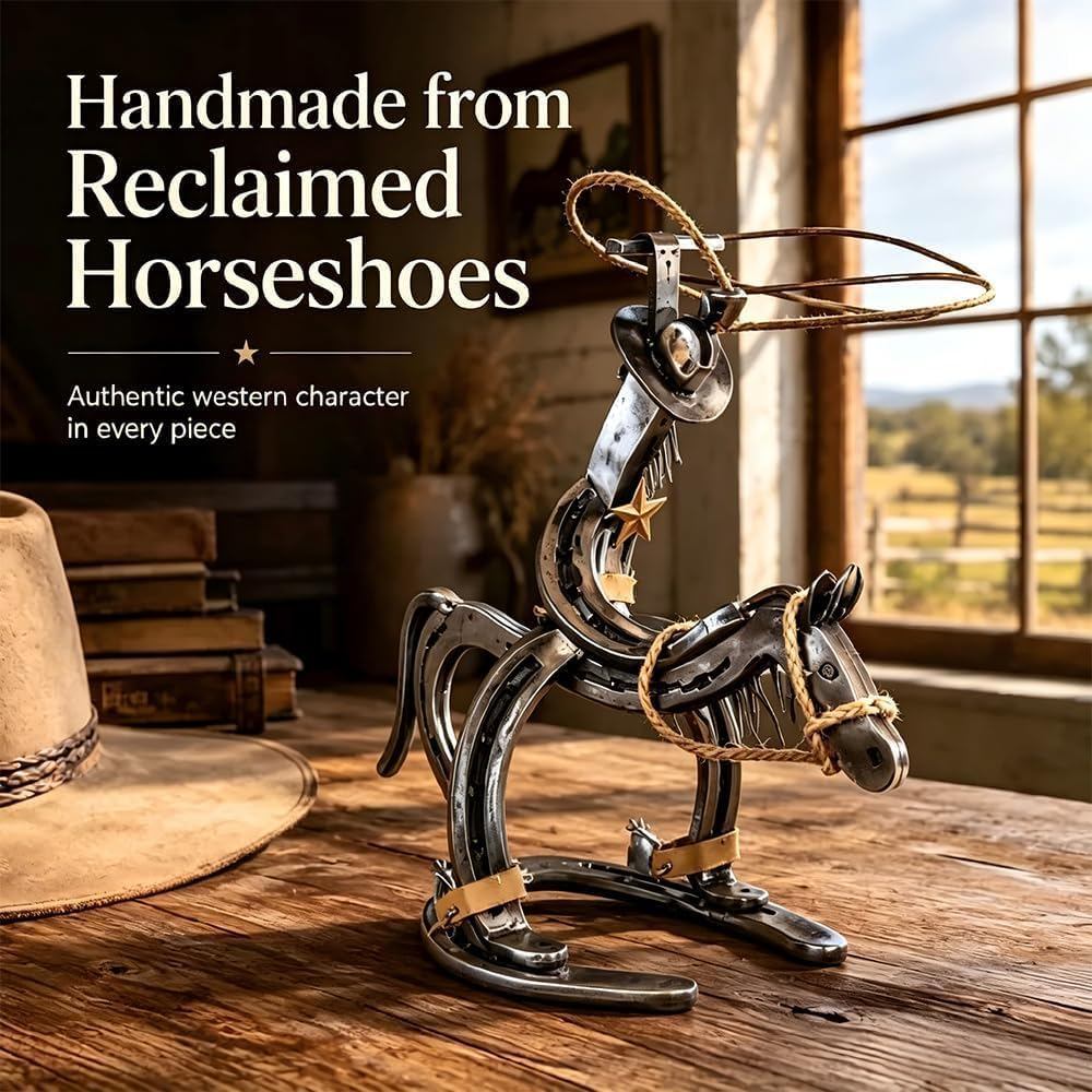 Escultura Rústica De Cavalo Cowboy | Arte Ocidental Feita À Mão De Ferraduras Recuperadas , Destaque De Mesa Vintage