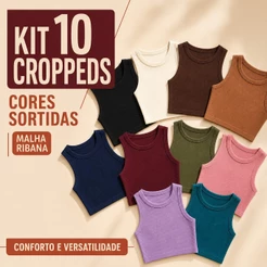 Kit 10 Croppeds Femininos Regata Canelada Básica Confortável para o Dia a Dia