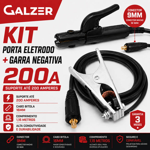 Kit Porta Eletrodo + Garra Negativa 200a Conector 9mm Solda CAbo bitola 16mm P Maquina Solda Inversora Pronto p uso