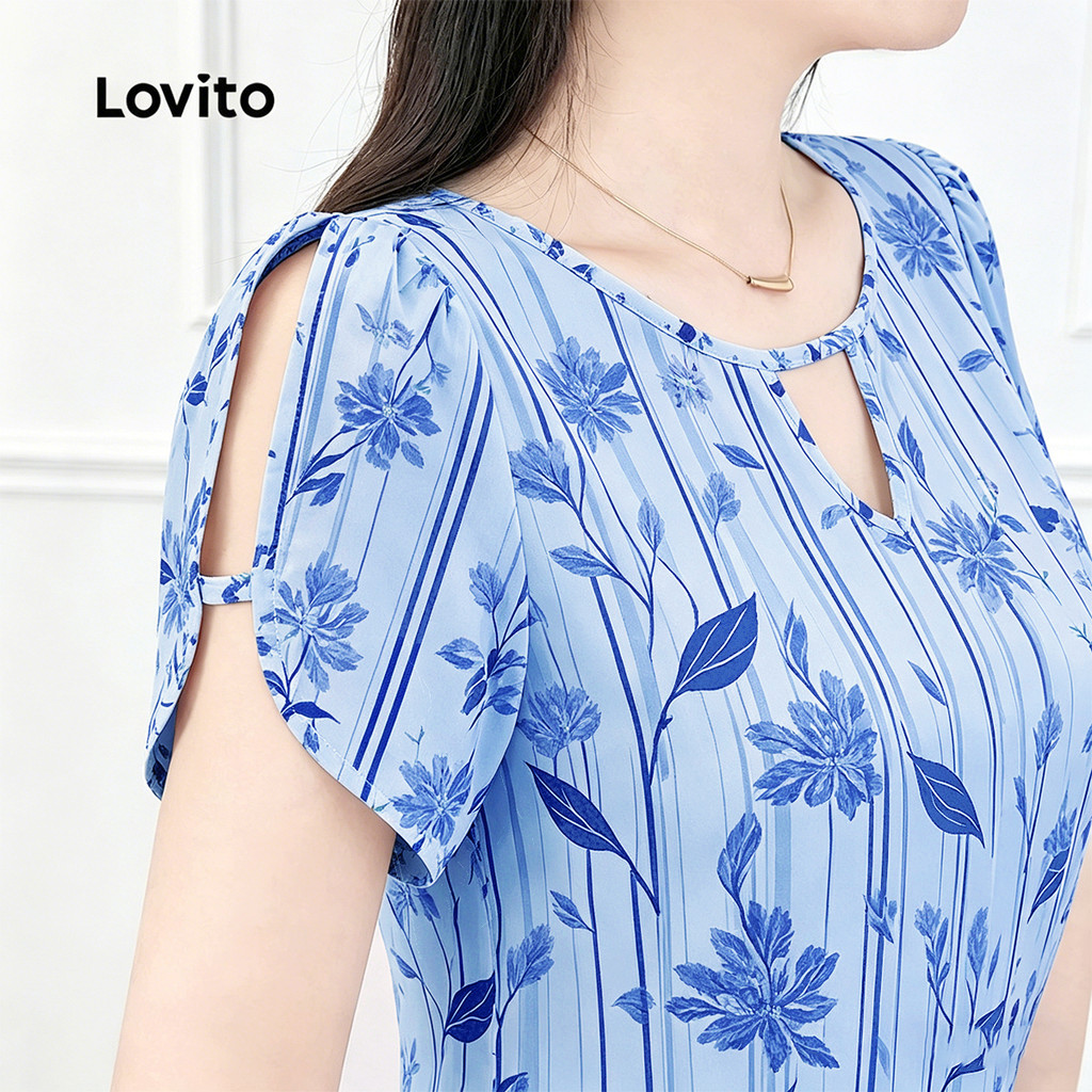 (New Arrival) Lovito Blusa Boho com Flores No Ombro e Recortes Azul Primavera/Ve