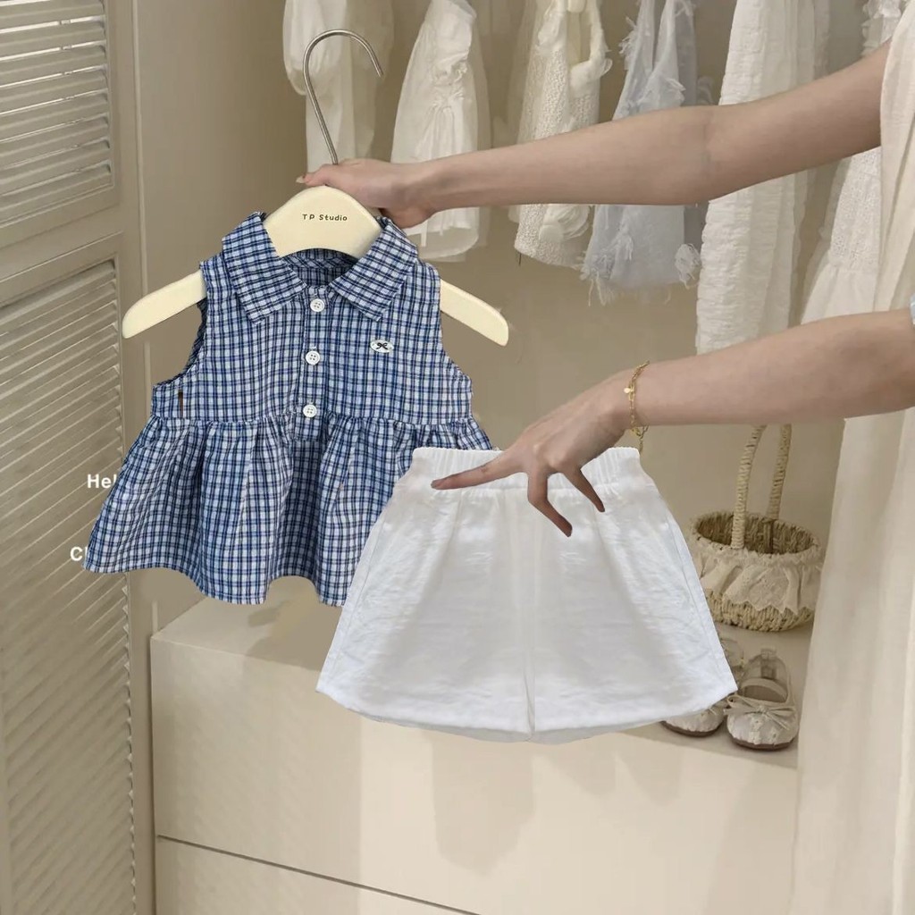 Meninas estilo Preppy roupas infantis moda bebê sem mangas verificado colete Shorts de duas peças na moda 8.3