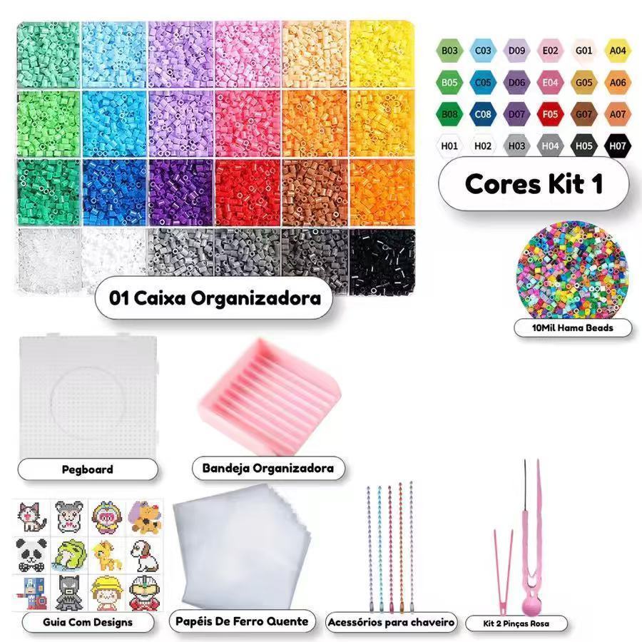 Kit Hama Beads 10.000 Peças 2,6mm 24 Cores Pinças + Ferramentas Pegboard Chaveiro Brinquedos