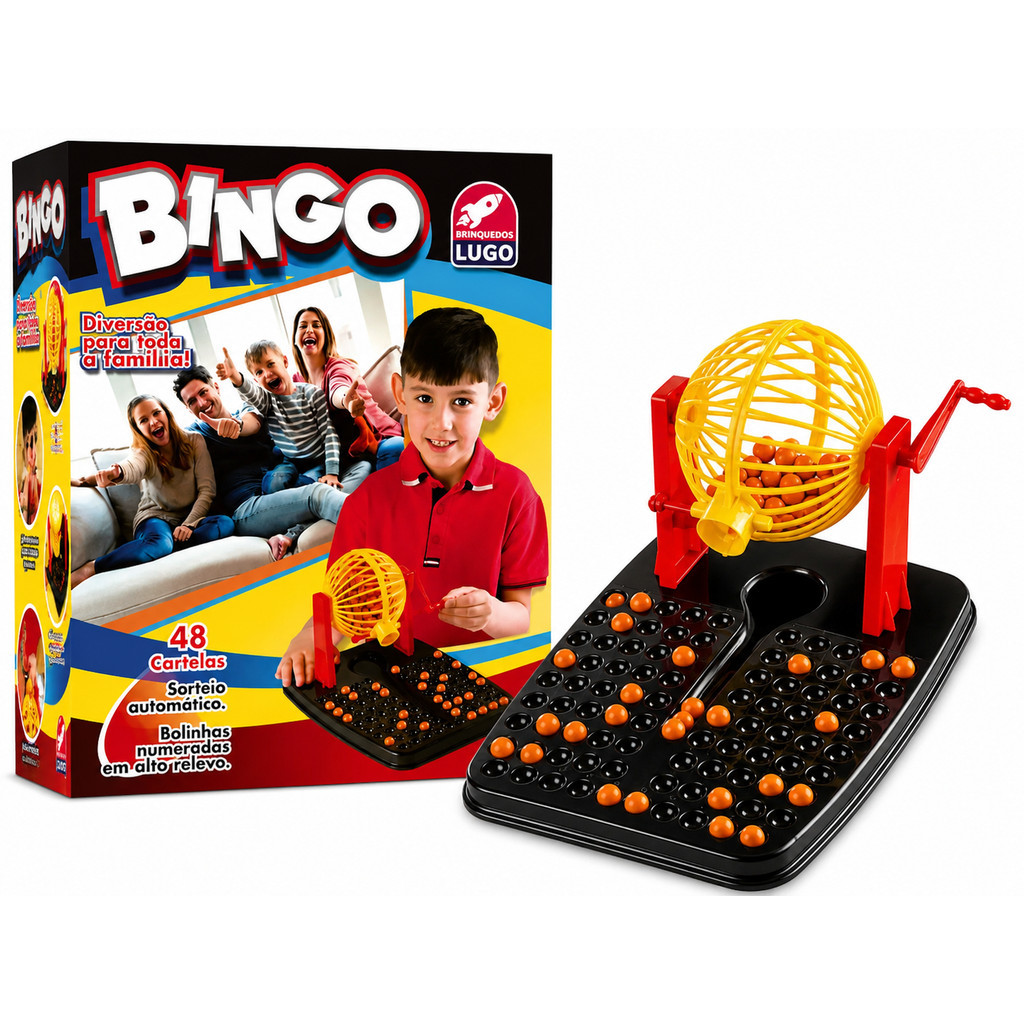 Jogo de Bingo Brinquedo Infantil Globo Giratório Para Festa Brincadeira Com 48 Cartelas 90 Bolinhas