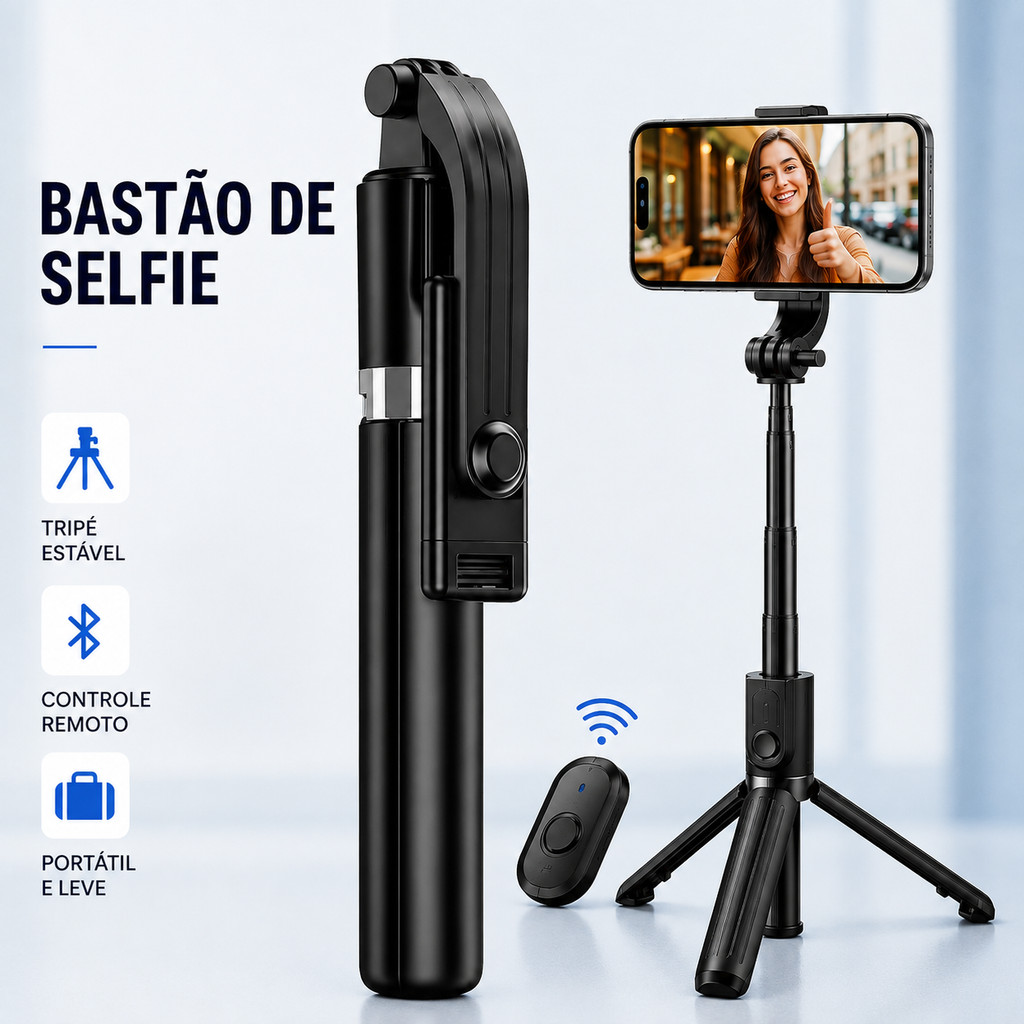 Pau de Selfie com Tripé para Celular Bluetooth Retrátil Ajustável Controle Remoto Portátil