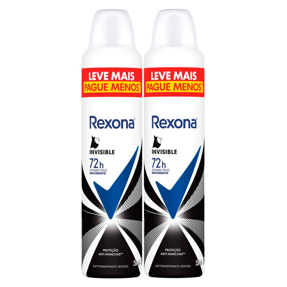 Kit 2 Desodorante Antitranspirante Aerosol Feminino Rexona Invisible 72 horas 250ml Leve Mais Pague Menos