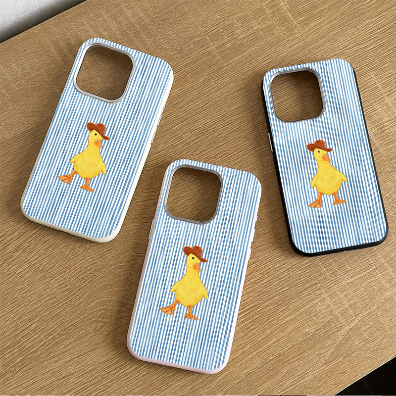 Antiderrapante Capinha para iPhone 15/16/17 Pro Max capa pato amarelo listrado azul fresco bordas coloridas macia