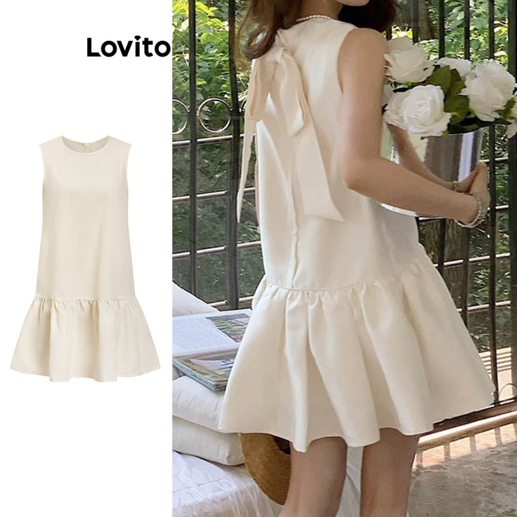 Lovito Casual Vestido liso com babados e laço nas costas para mulheres L109MD174