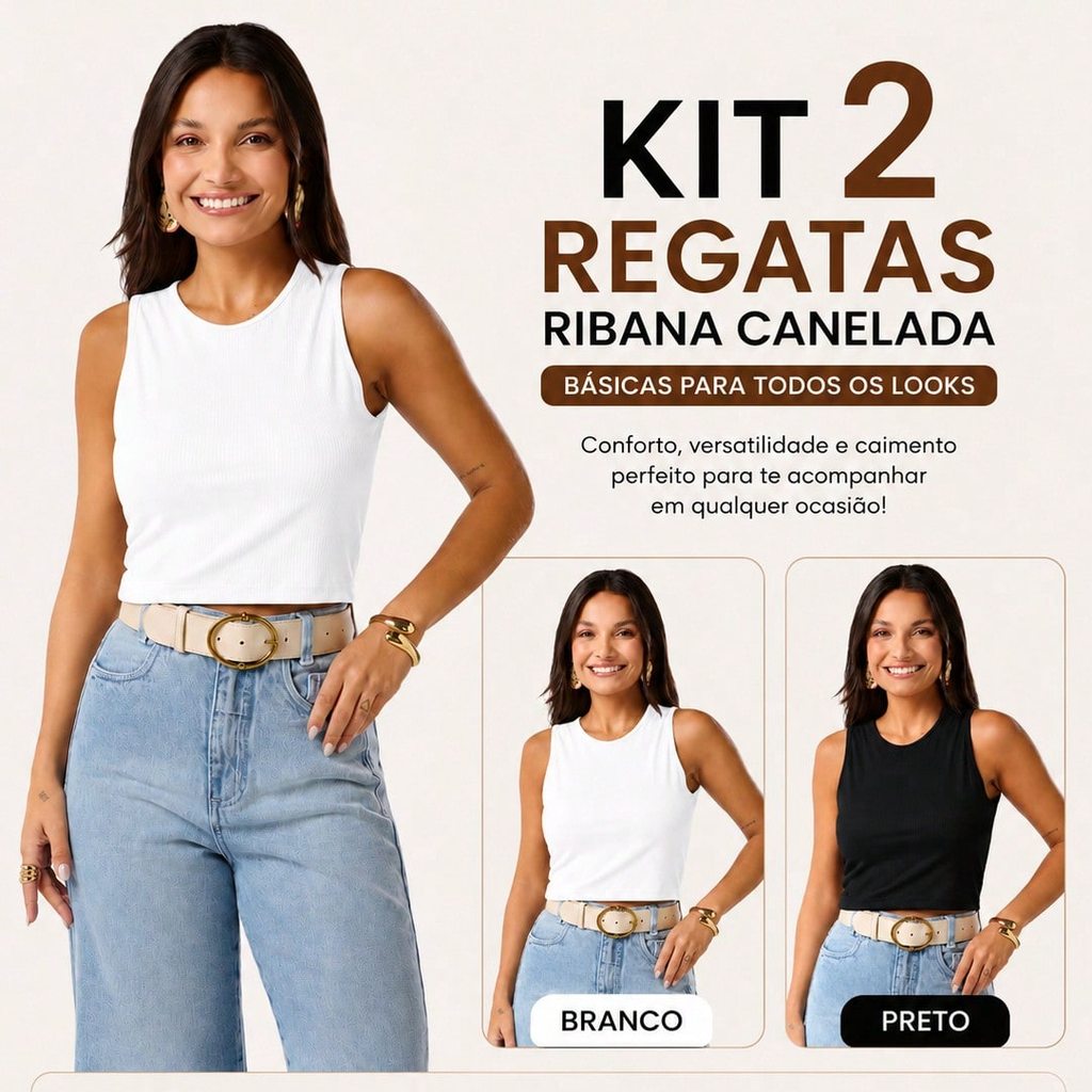 Kit 2 Regatas Cropped Femininas Ribana Canelada | Poliéster Elastano Preta e Branca | P ao GG