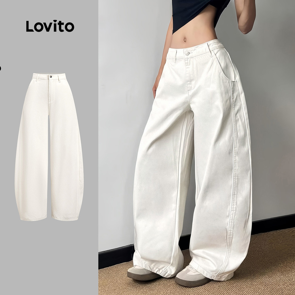 Lovito Jeans Casuais de Textura Branca Off White para Mulheres primavera/verão L197AD015