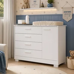 Cômoda Sapateira Zaki para Quarto de Bebê | 100% MDF 1 Porta e 4 Gavetas Branco Fosco/ Savana
