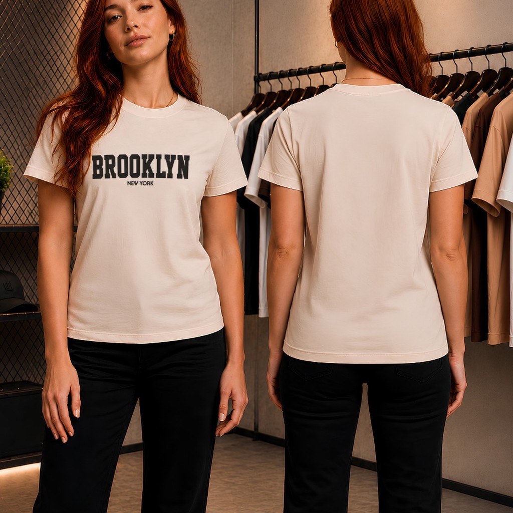 Camiseta Feminina 100% Algodão Estampa Brooklyn Urbana Confortável para Looks do Dia a Dia e Passeios na Cidade