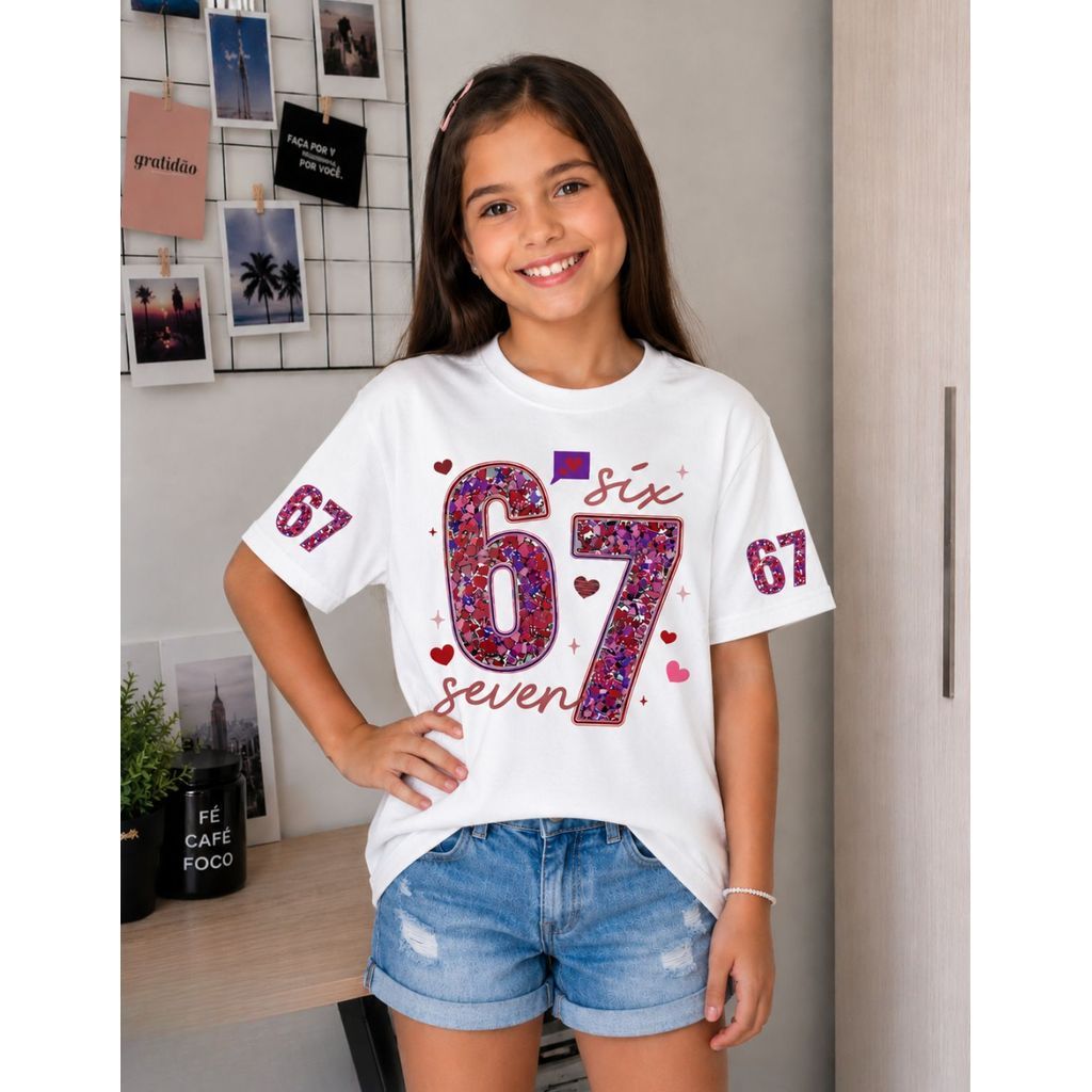 Camiseta Infantil Feminina Six Seven 67 Rosa Costas 100% Algodão Blusinha Juvenil Manga Curta Casual