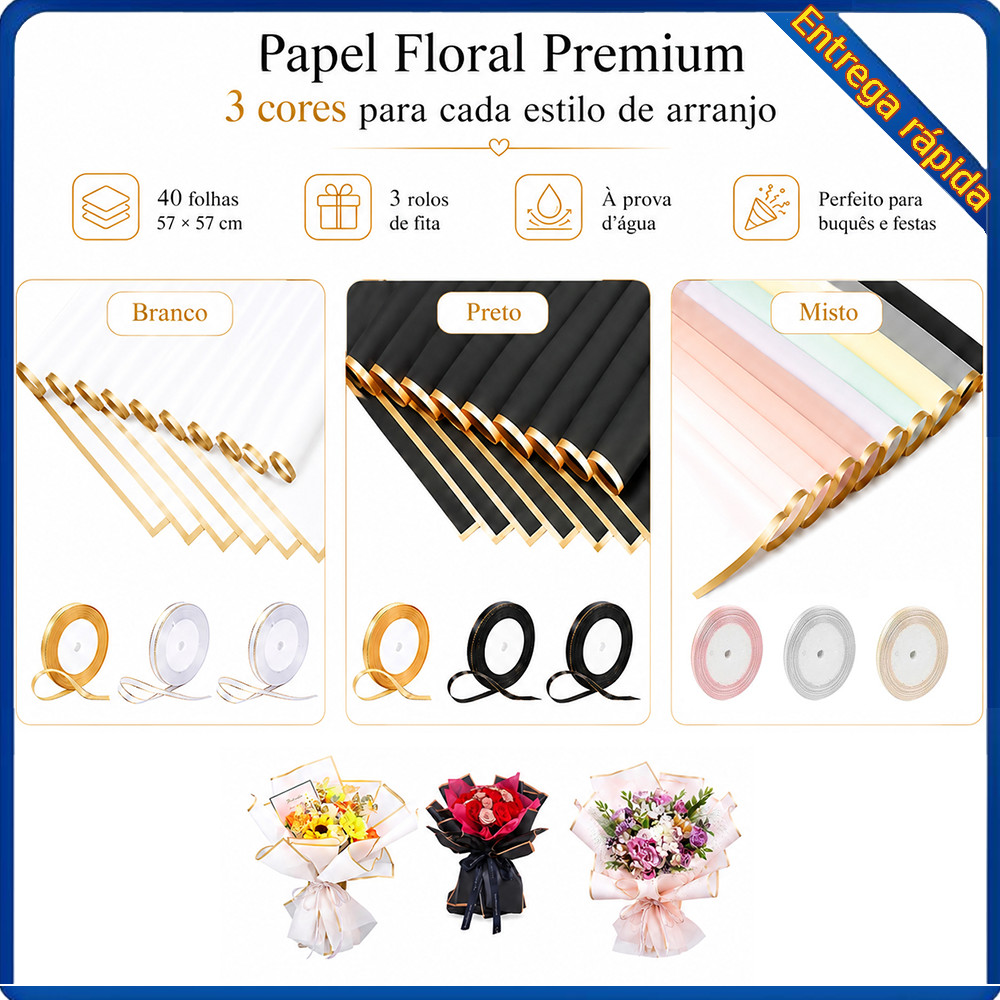 40 folhas de papel para embrulhar presentes, cores à escolha, 57 x 57 cm, com três rolos de fita,  ideais para festas