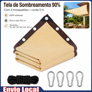 Tela Sombrite 90% Bege com Ilhós Kit Completo Corda 5m e 4 Mosquetões para Garagem, Piscina, Jardim e Varanda