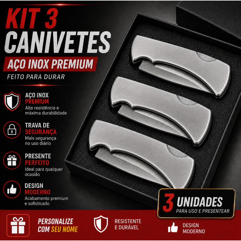 Canivete Inox com clip de fixação kit 3und, faca para frutas e legumes, Ferramenta de camping e aventura sobrevivencia