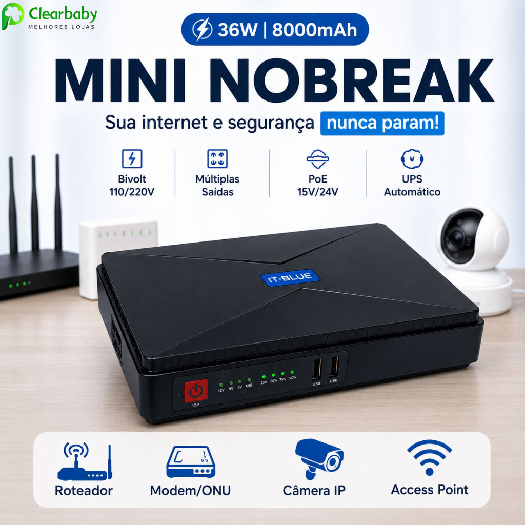 Mini Nobreak UPS 36W 8000mAh – Fonte de Alimentação Ininterrupta com 5V/9V/12V DC + PoE para Roteador WiFiON Câmera CFTV